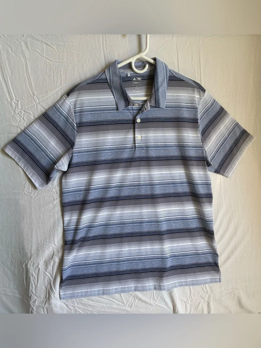 adidas Men's Blue and White Striped Polo